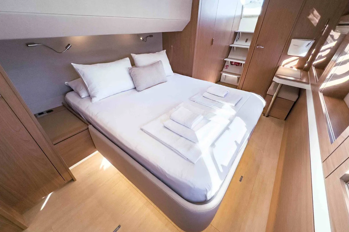 Cabin on La Brise 2, a Bali 5.4 catamaran at Fethiye, Turkey