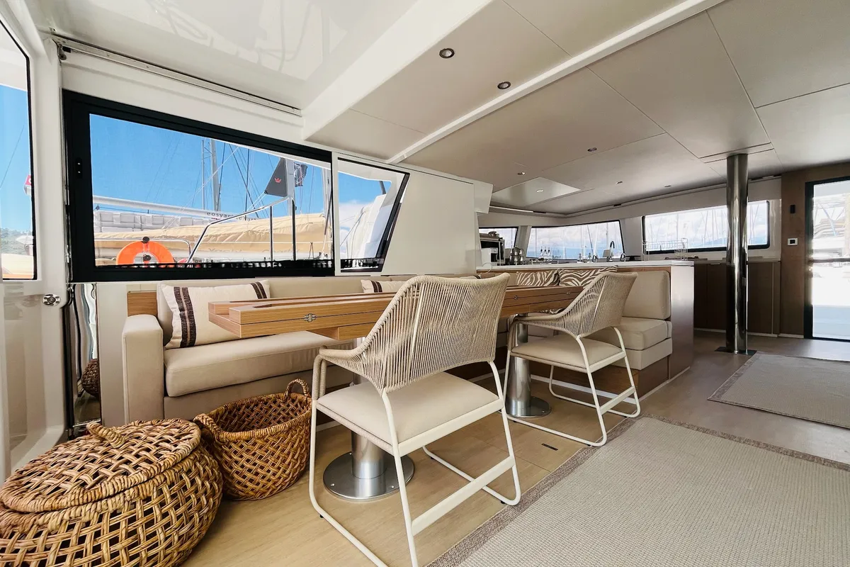 Salon of La Brise 2, a Bali 5.4 catamaran at Fethiye, Turkey