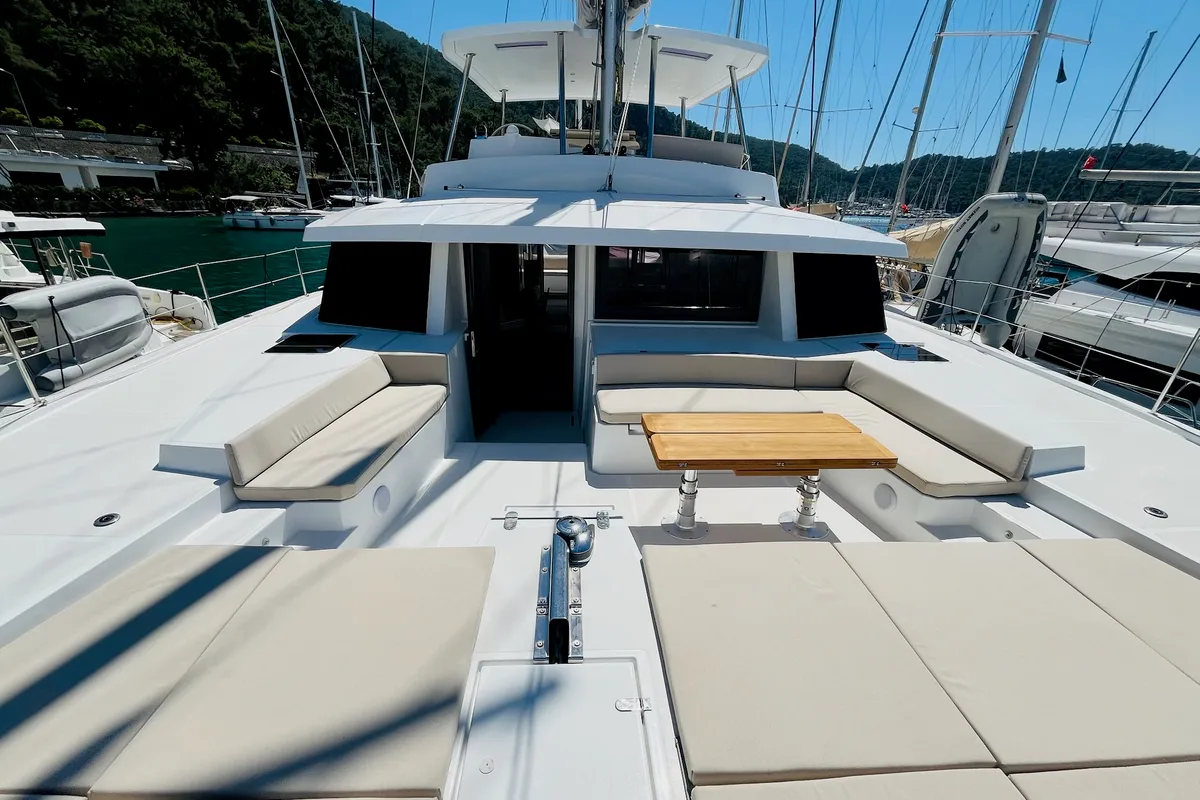 Deck of La Brise 2, a Bali 5.4 catamaran at Fethiye, Turkey