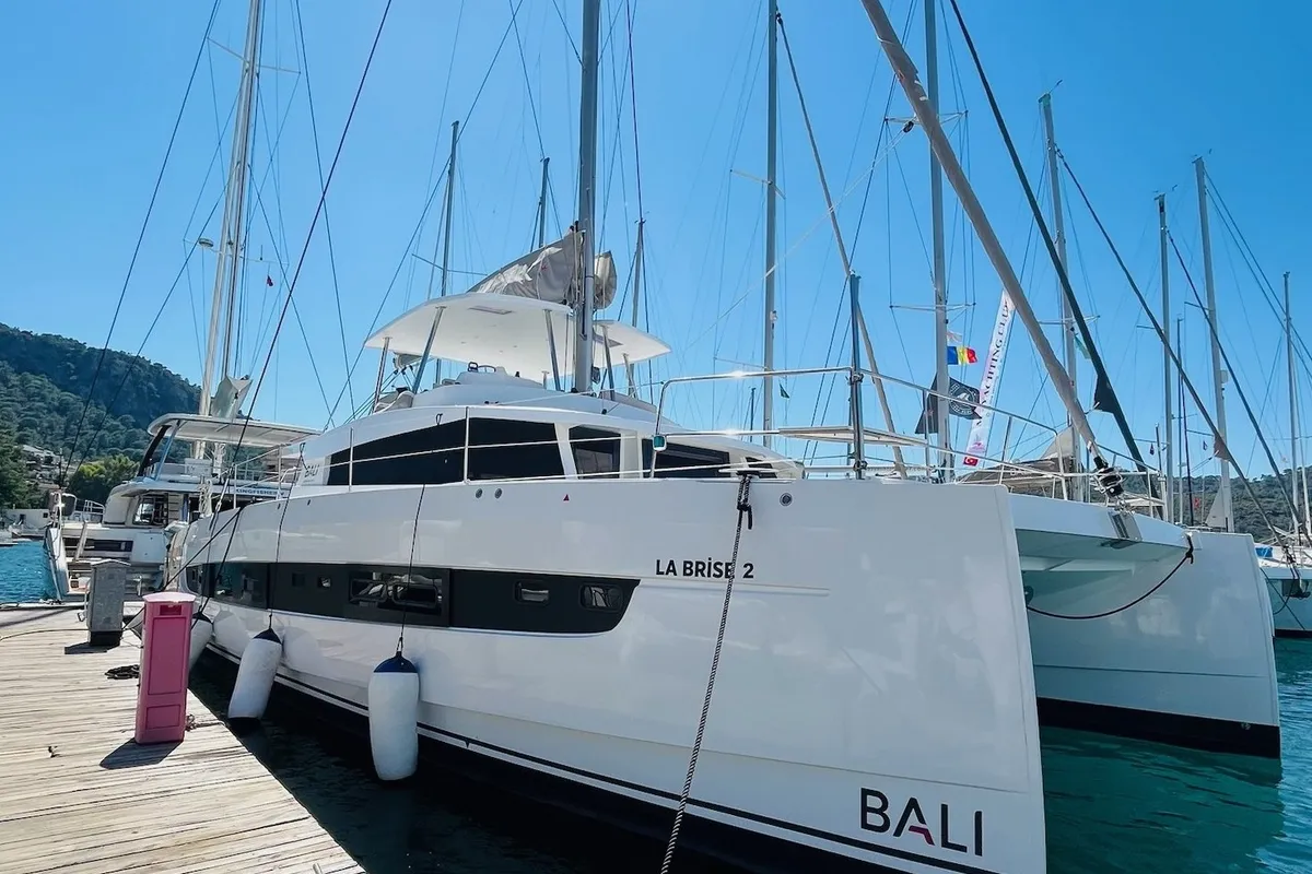 Exterior view of La Brise 2, a Bali 5.4 catamaran at Fethiye, Turkey