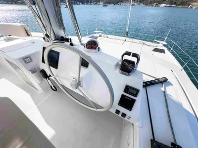 Cockpit of La Brise 2, a Bali 5.4 catamaran at Fethiye, Turkey