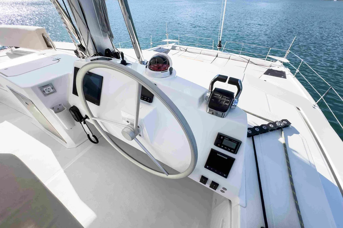 Cockpit of La Brise 2, a Bali 5.4 catamaran at Fethiye, Turkey