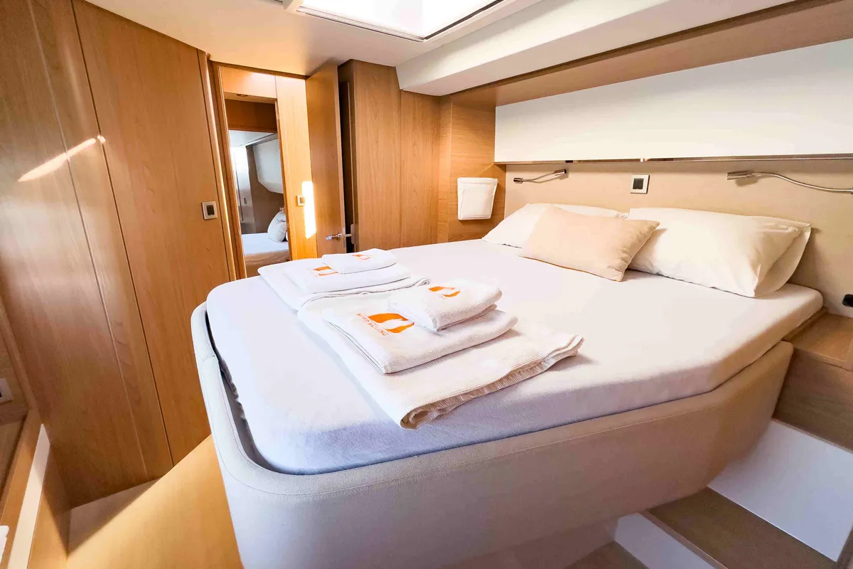 Cabin on La Brise 2, a Bali 5.4 catamaran at Fethiye, Turkey