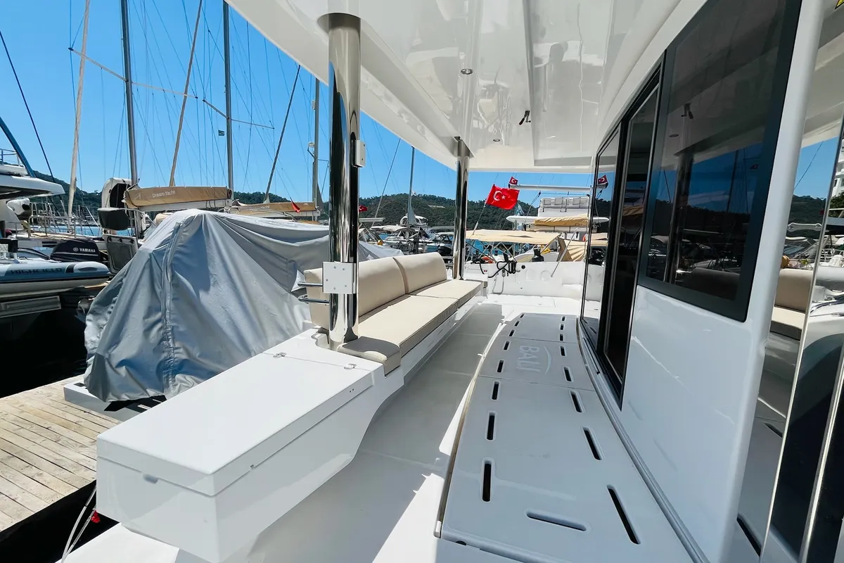 Deck of La Brise 2, a Bali 5.4 catamaran at Fethiye, Turkey