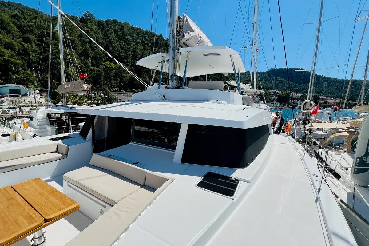 Exterior view of La Brise 2, a Bali 5.4 catamaran at Fethiye, Turkey