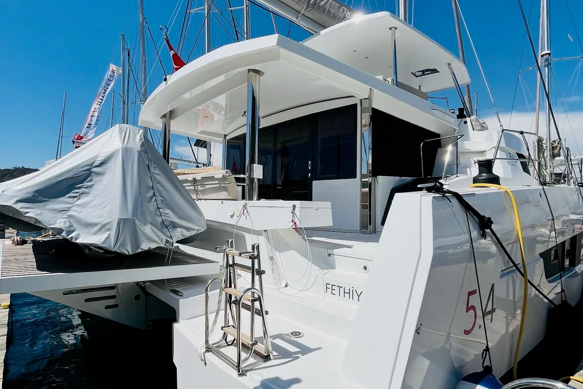 Exterior view of La Brise 2, a Bali 5.4 catamaran at Fethiye, Turkey