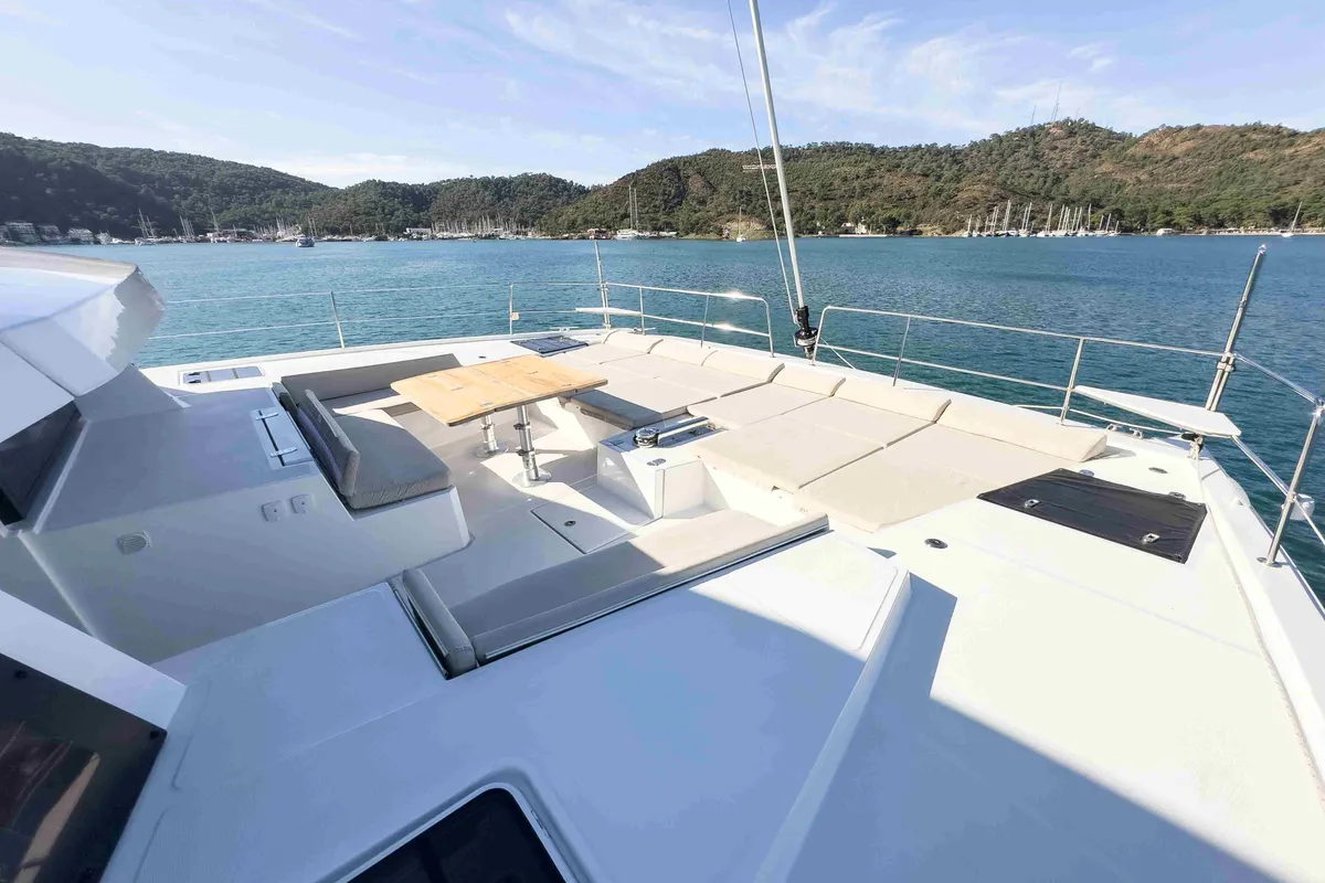Deck of La Brise 2, a Bali 5.4 catamaran at Fethiye, Turkey