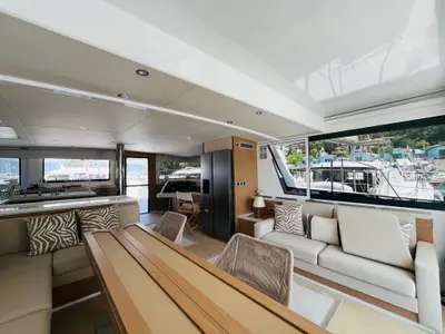 Salon of La Brise 2, a Bali 5.4 catamaran at Fethiye, Turkey