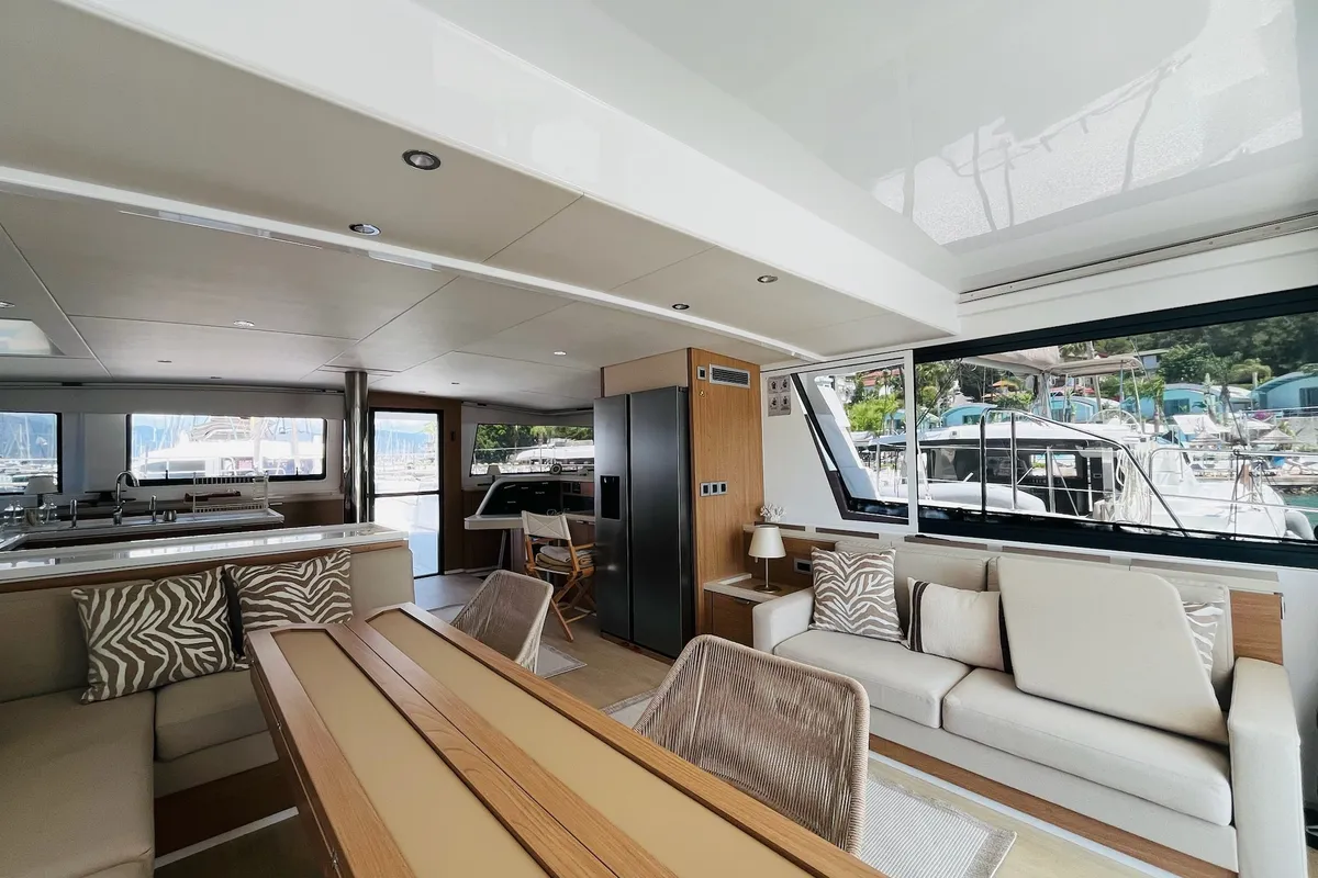 Salon of La Brise 2, a Bali 5.4 catamaran at Fethiye, Turkey