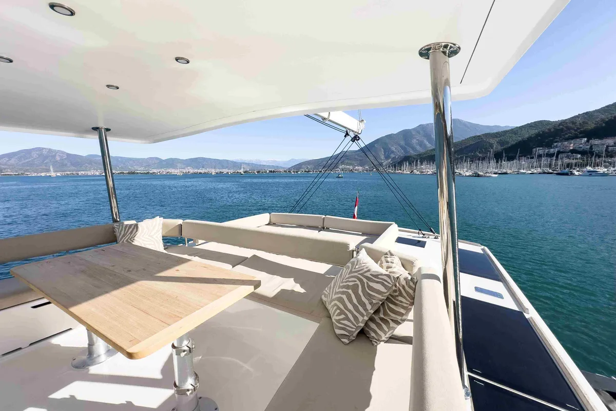 Deck of La Brise 2, a Bali 5.4 catamaran at Fethiye, Turkey