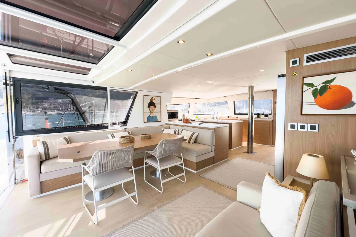 Salon of La Brise 2, a Bali 5.4 catamaran at Fethiye, Turkey