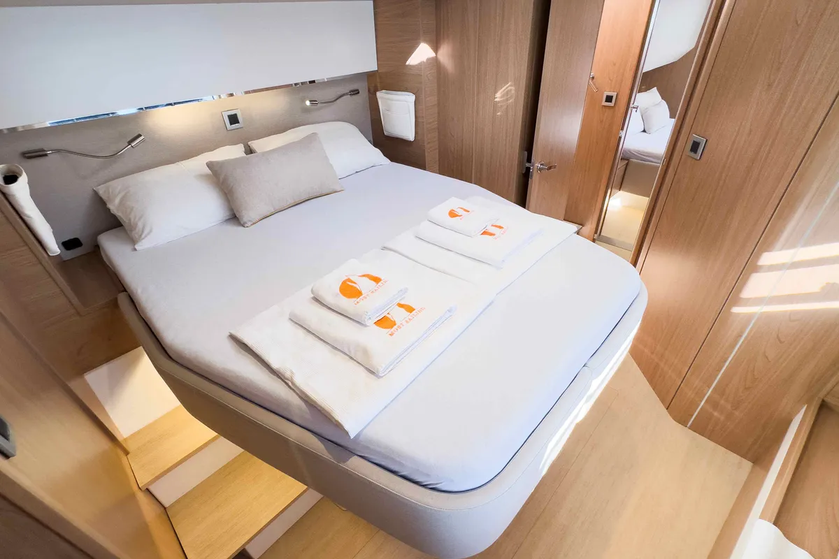 Cabin on La Brise 2, a Bali 5.4 catamaran at Fethiye, Turkey