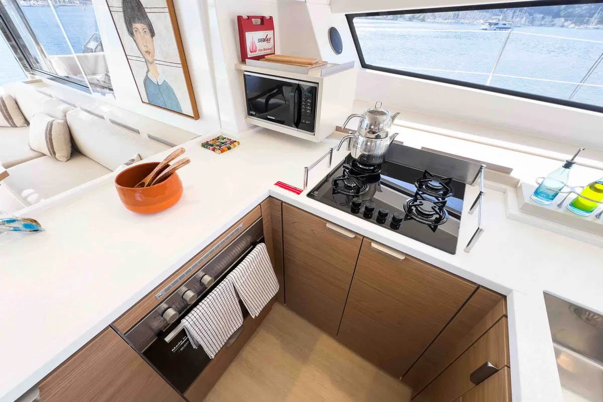 Galley of La Brise 2, a Bali 5.4 catamaran at Fethiye, Turkey
