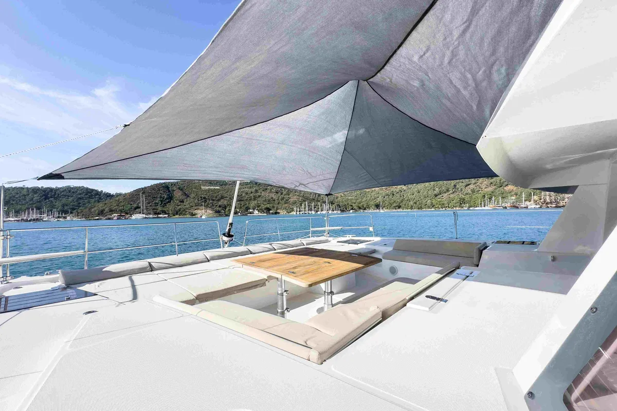 Deck of La Brise 2, a Bali 5.4 catamaran at Fethiye, Turkey