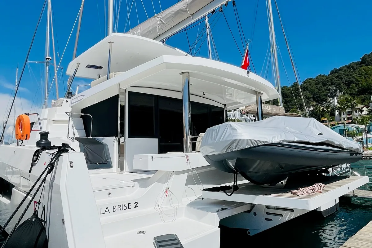 Exterior view of La Brise 2, a Bali 5.4 catamaran at Fethiye, Turkey