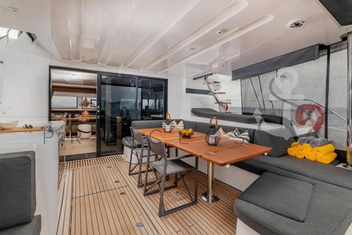 Deck of Princess S, a Lagoon 55 catamaran at Grad Kaštela, Croatia