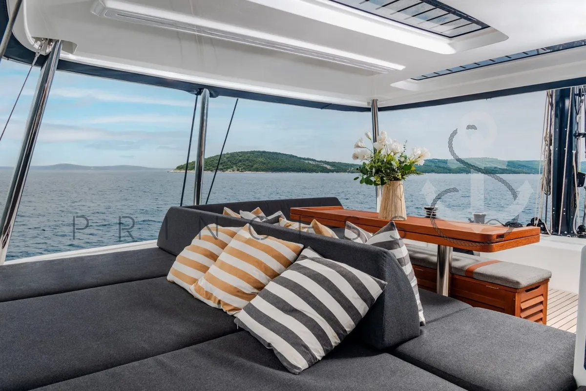 Deck of Princess S, a Lagoon 55 catamaran at Grad Kaštela, Croatia