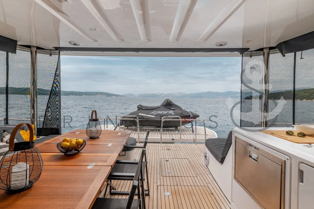 Deck of Princess S, a Lagoon 55 catamaran at Grad Kaštela, Croatia