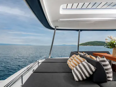 Deck of Princess S, a Lagoon 55 catamaran at Grad Kaštela, Croatia