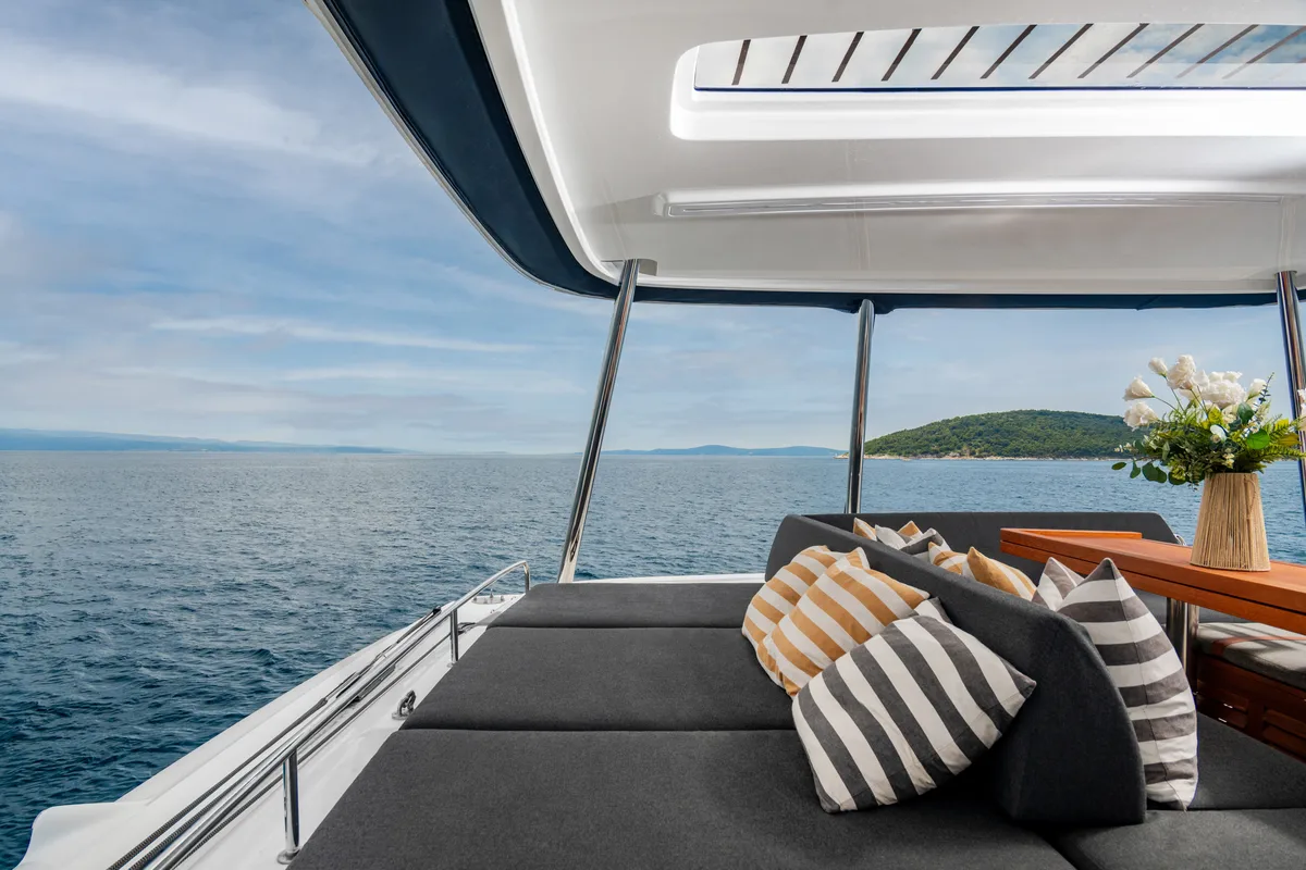 Deck of Princess S, a Lagoon 55 catamaran at Grad Kaštela, Croatia