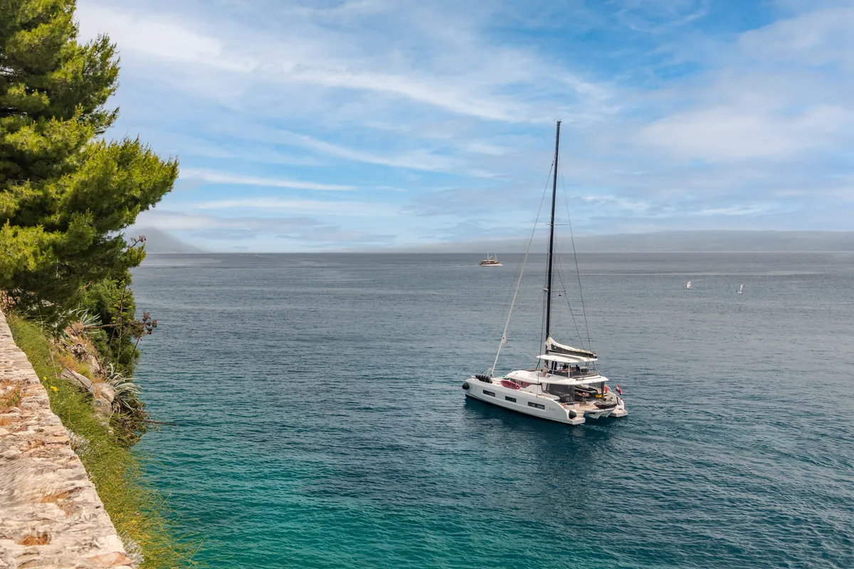 Exterior view of Princess S, a Lagoon 55 catamaran at Grad Kaštela, Croatia