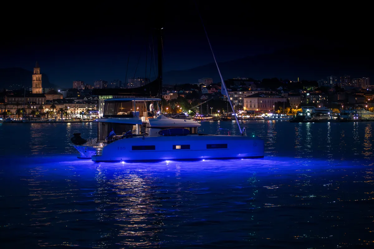 Exterior view of Princess S, a Lagoon 55 catamaran at Grad Kaštela, Croatia