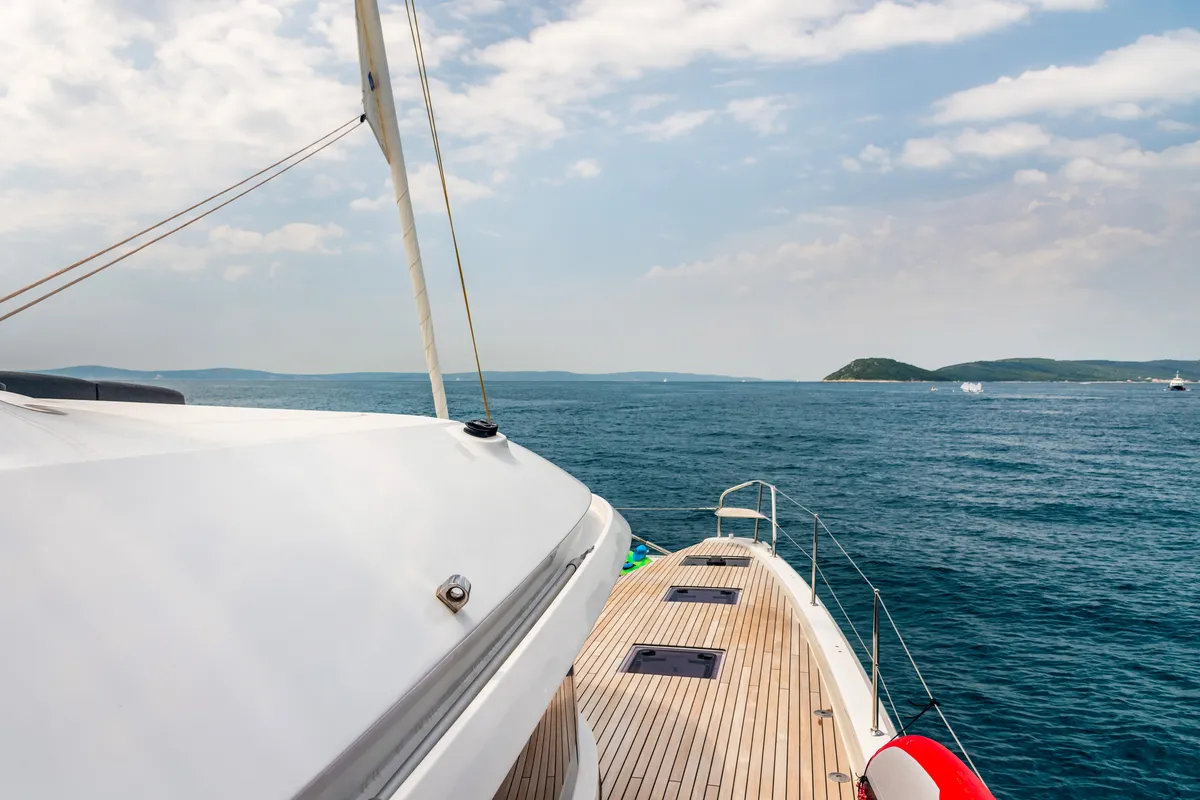 Deck of Princess S, a Lagoon 55 catamaran at Grad Kaštela, Croatia