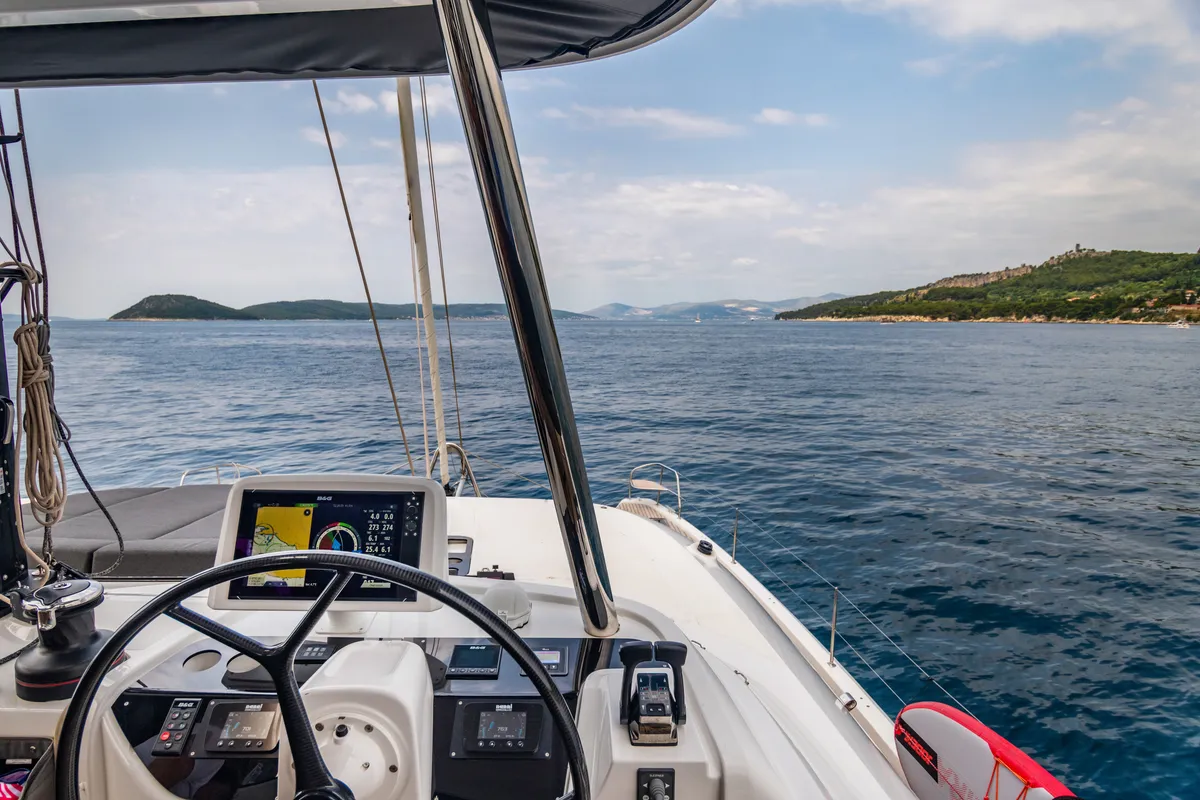 Exterior view of Princess S, a Lagoon 55 catamaran at Grad Kaštela, Croatia