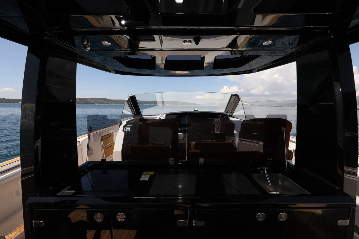 Cockpit of No Name, a Fjord 44 Open motor yacht at Grad Kaštela, Croatia