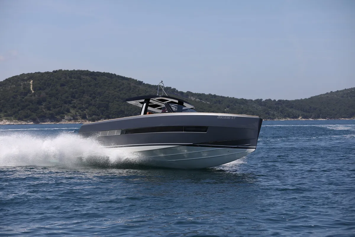 Exterior view of No Name, a Fjord 44 Open motor yacht at Grad Kaštela, Croatia