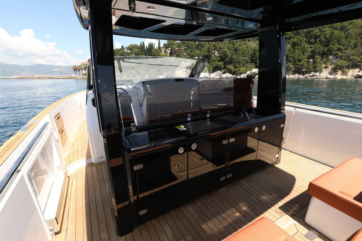 Deck of No Name, a Fjord 44 Open motor yacht at Grad Kaštela, Croatia