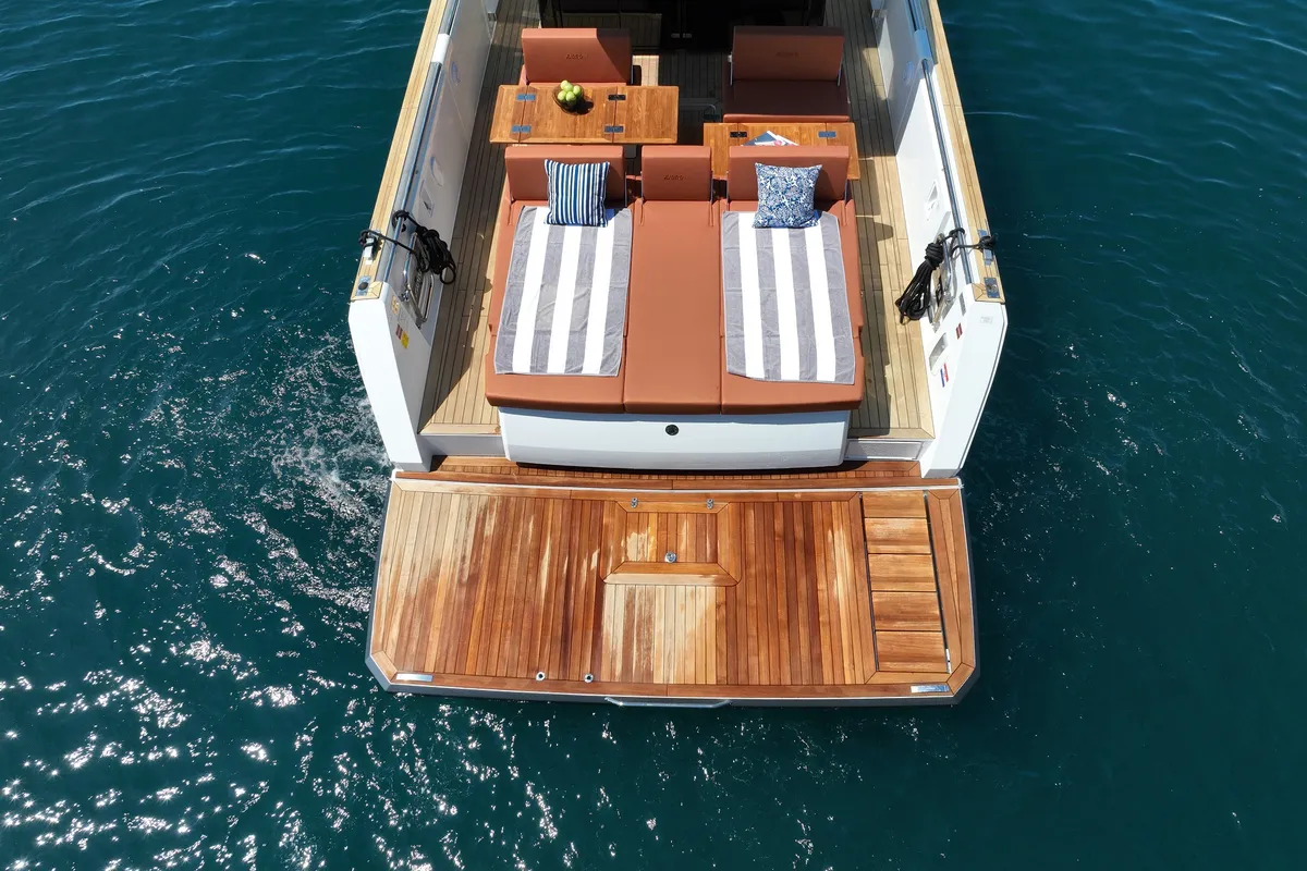 Deck of No Name, a Fjord 44 Open motor yacht at Grad Kaštela, Croatia