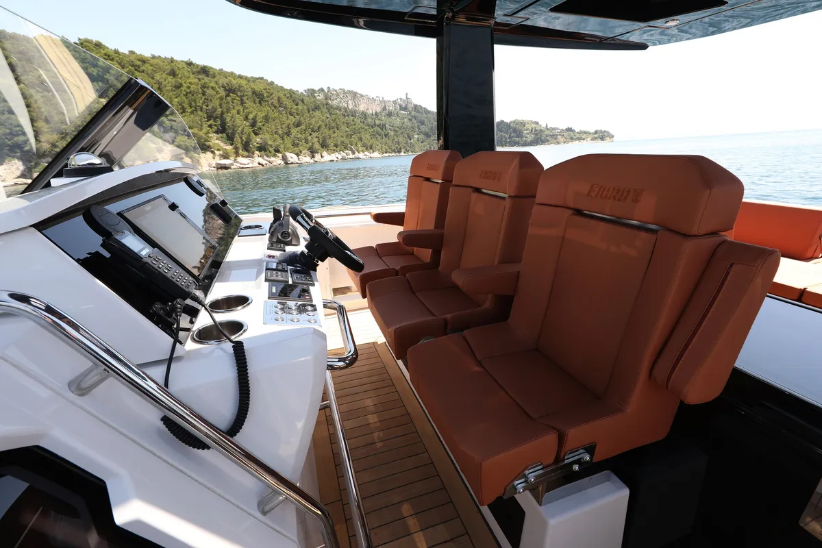 Cockpit of No Name, a Fjord 44 Open motor yacht at Grad Kaštela, Croatia