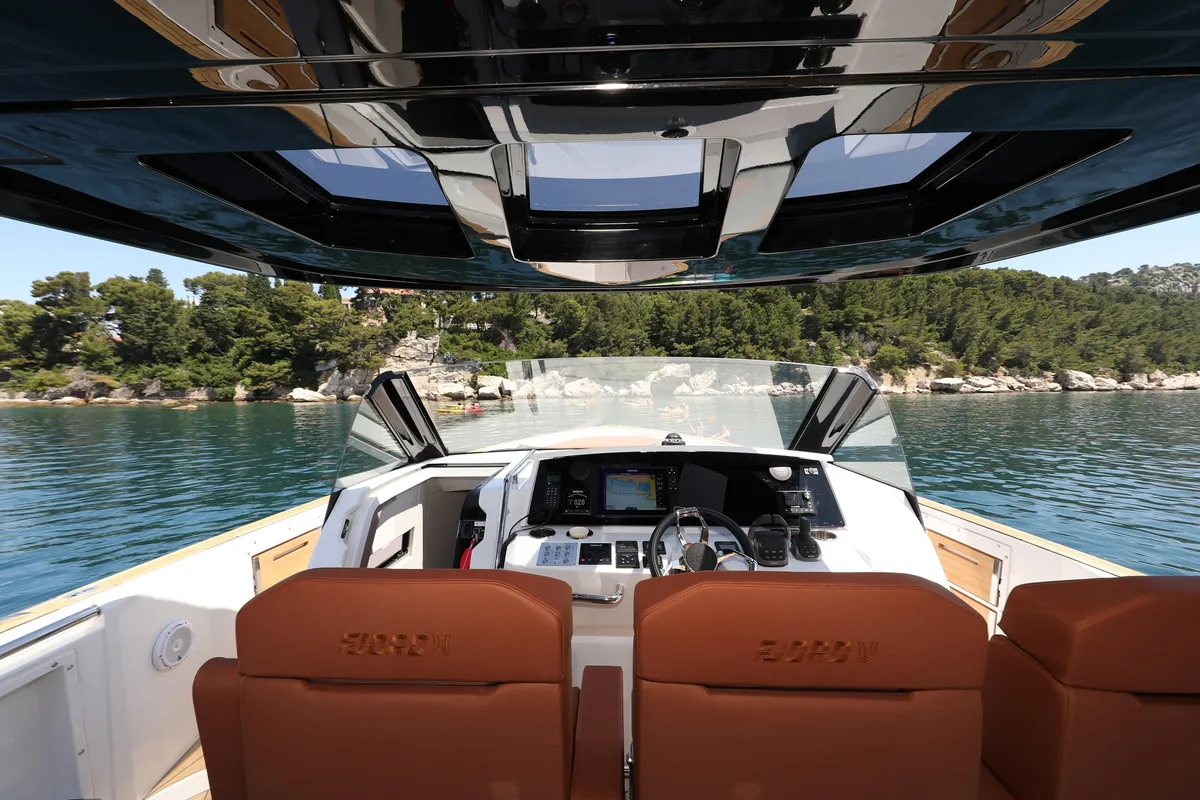 Cockpit of No Name, a Fjord 44 Open motor yacht at Grad Kaštela, Croatia