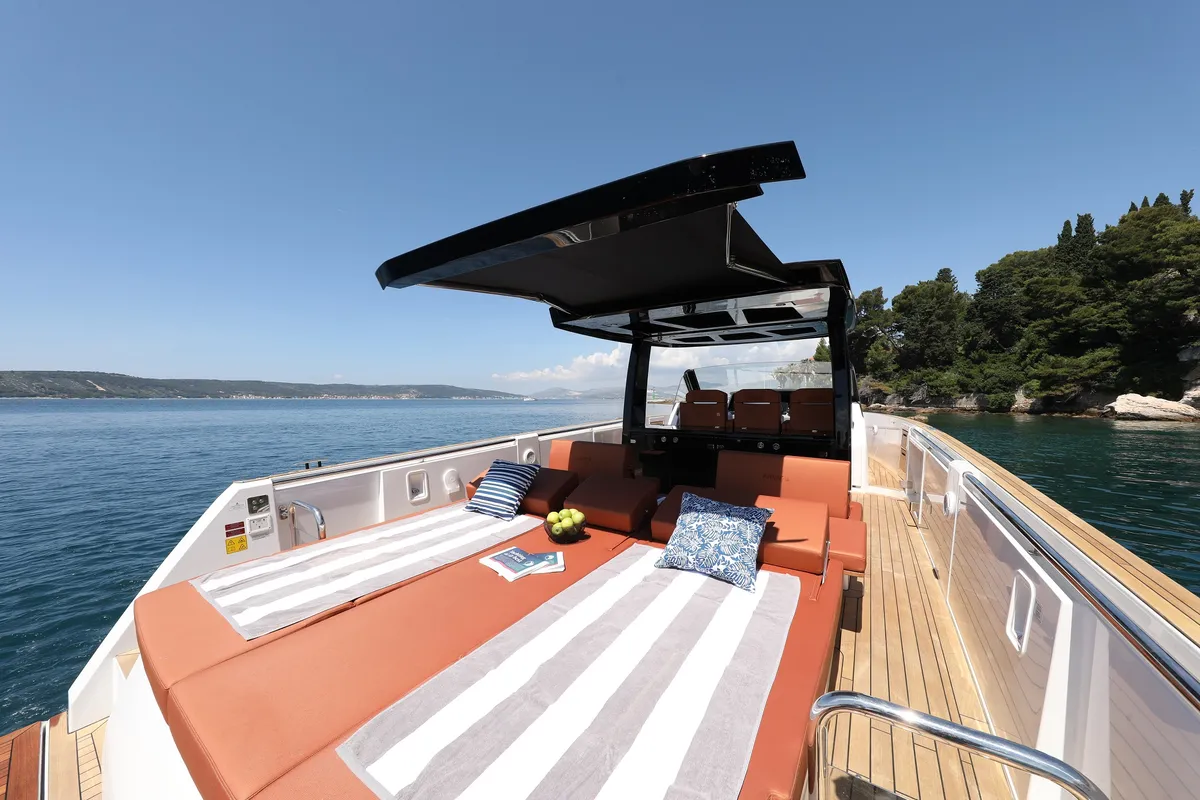Deck of No Name, a Fjord 44 Open motor yacht at Grad Kaštela, Croatia
