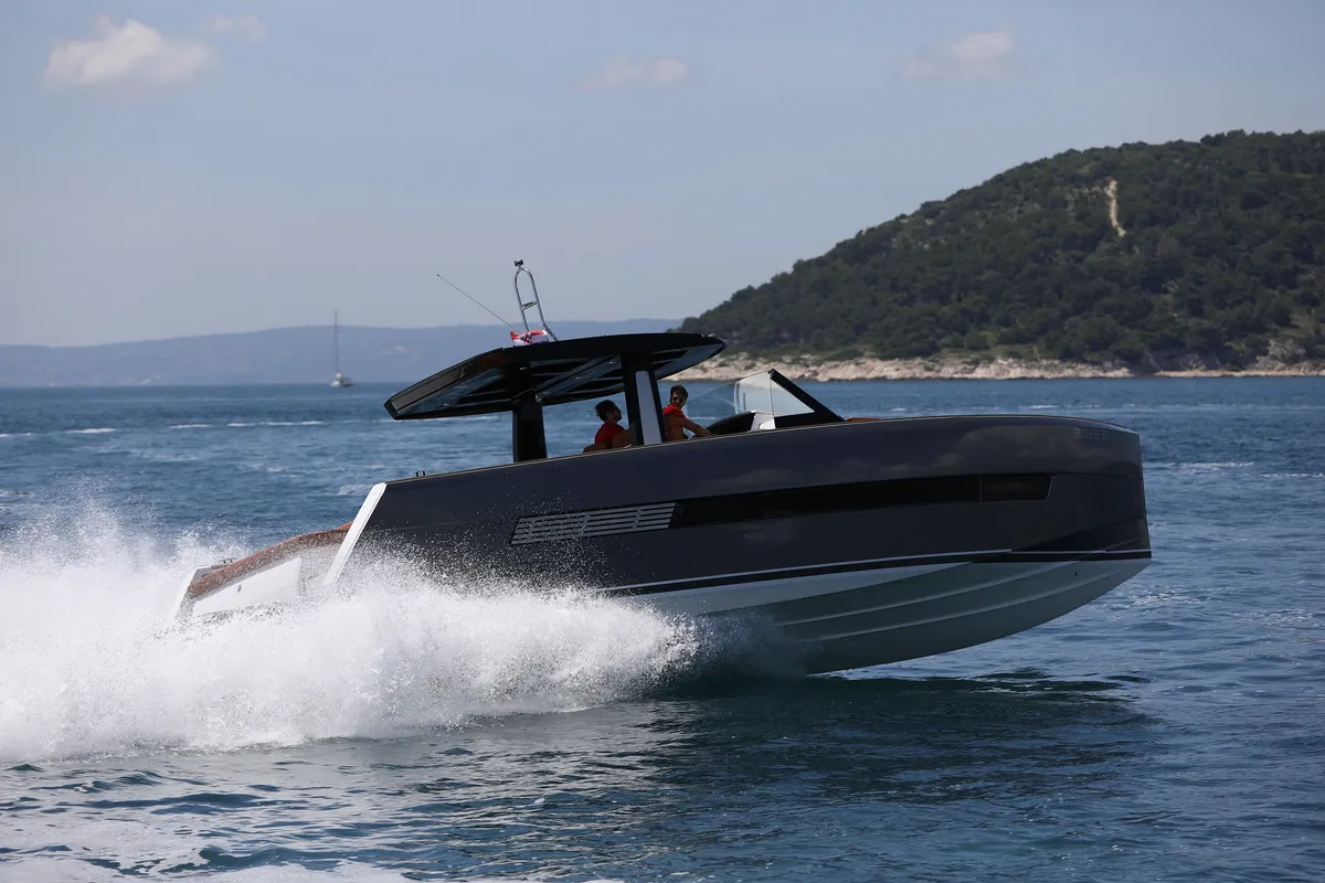 Exterior view of No Name, a Fjord 44 Open motor yacht at Grad Kaštela, Croatia