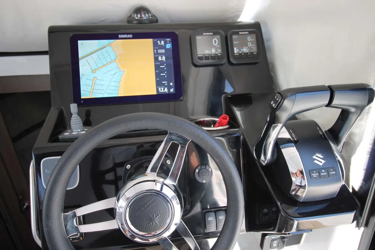 Cockpit of Navis Amoris, a Jeanneau Merry Fisher 895 Serie2 motorboat at Murter, Croatia