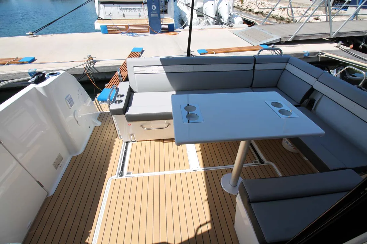 Deck of Navis Amoris, a Jeanneau Merry Fisher 895 Serie2 motorboat at Murter, Croatia