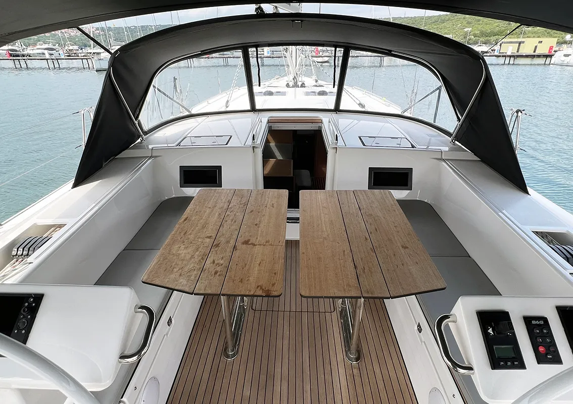 Deck of Sunny, a Bavaria C45 Style sailboat at Punat, Croatia