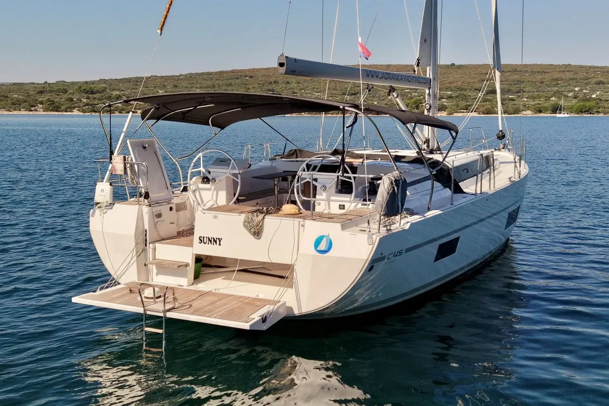 Exterior view of Sunny, a Bavaria C45 Style sailboat at Punat, Croatia