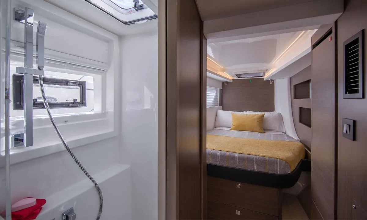 Head on Moorings 4200/4 Exclusive, a Leopard 42 catamaran at Piraeus, Greece
