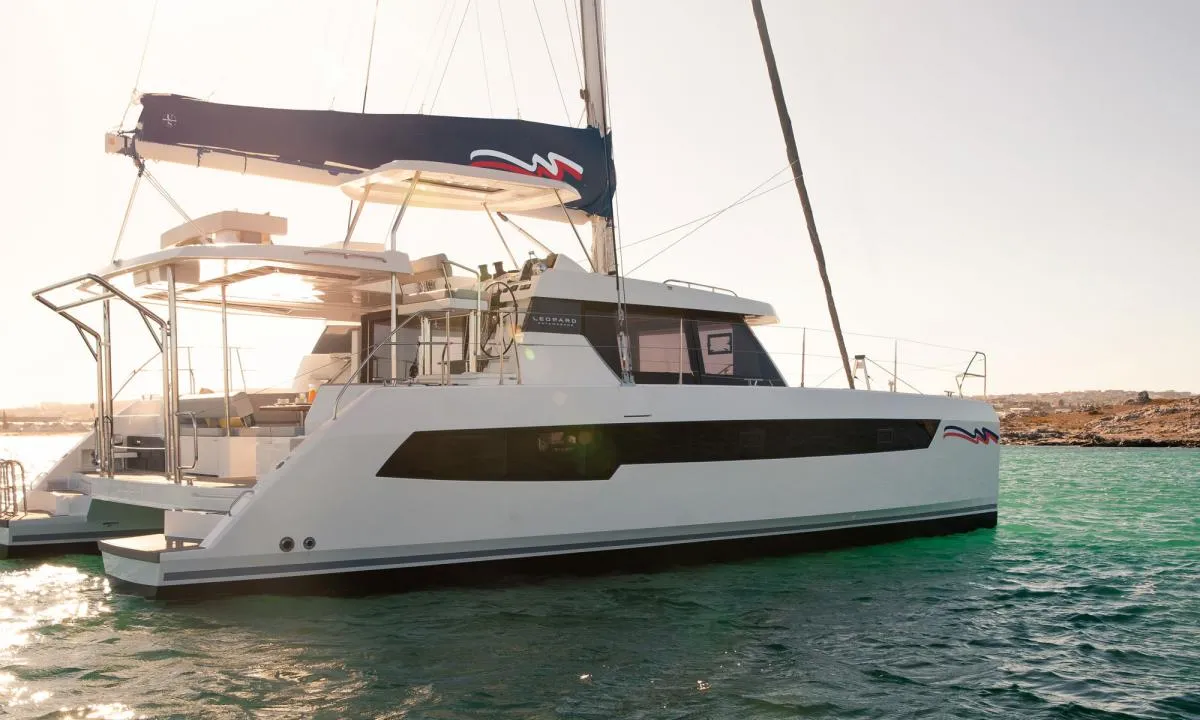 Exterior view of Moorings 4200/4 Exclusive, a Leopard 42 catamaran at Piraeus, Greece