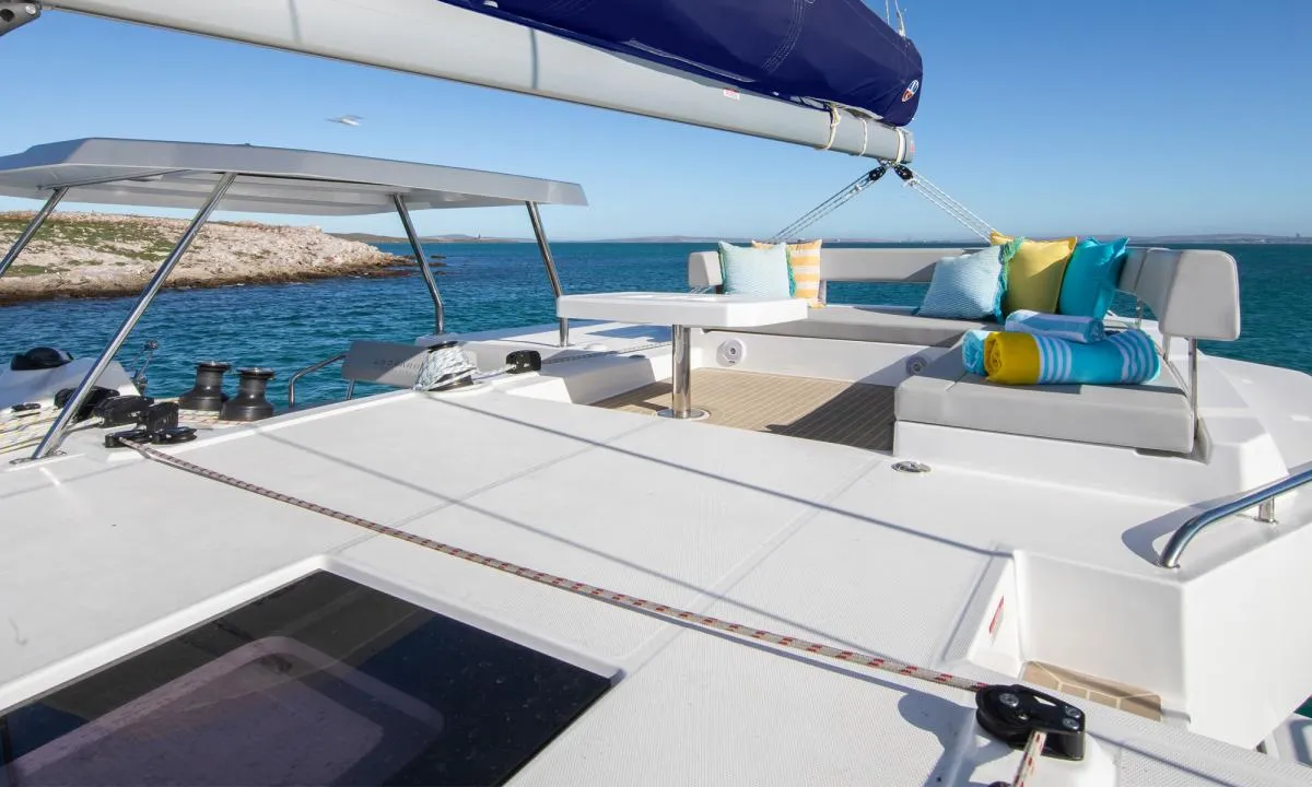 Deck of Moorings 4200/4 Exclusive, a Leopard 42 catamaran at Piraeus, Greece