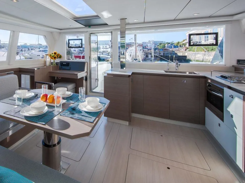 Salon of Moorings 4200/4 Exclusive, a Leopard 42 catamaran at Piraeus, Greece