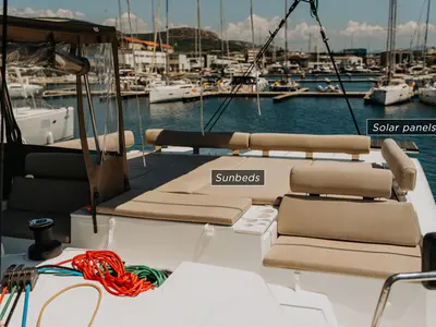 Deck of Nor, a Bali Catspace catamaran at Šibenik, Croatia