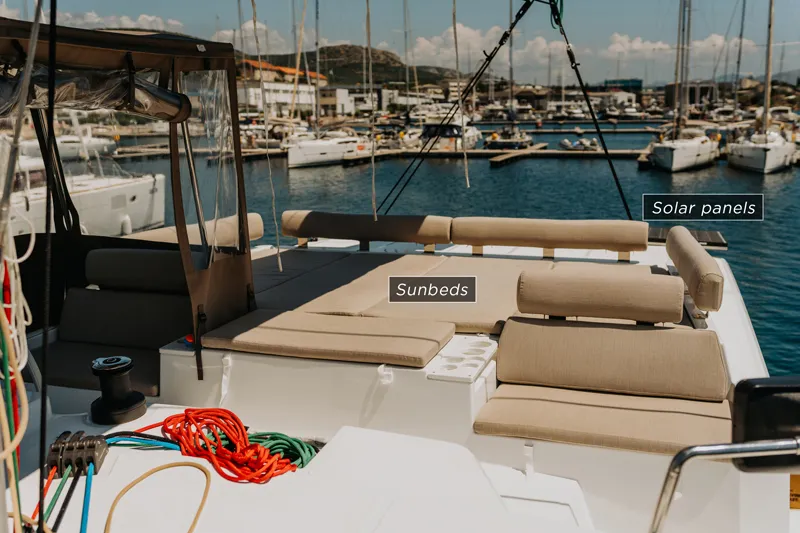 Deck of Nor, a Bali Catspace catamaran at Šibenik, Croatia