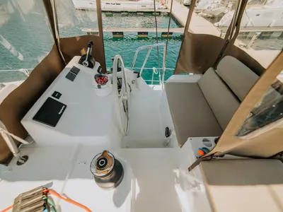 Cockpit of Nor, a Bali Catspace catamaran at Šibenik, Croatia
