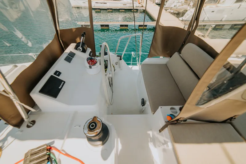 Cockpit of Nor, a Bali Catspace catamaran at Šibenik, Croatia