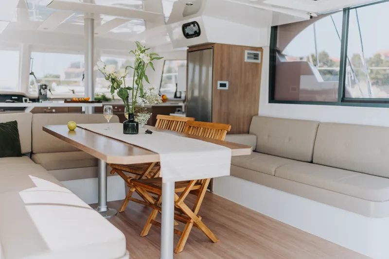 Salon of Nor, a Bali Catspace catamaran at Šibenik, Croatia