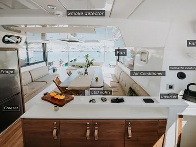 Salon of Nor, a Bali Catspace catamaran at Šibenik, Croatia